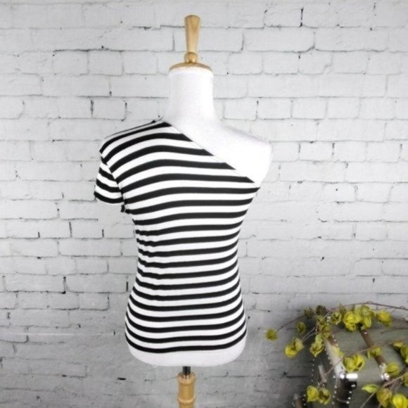 Elan Black and White Striped One-Shoulder Top - Picture 3 of 5
